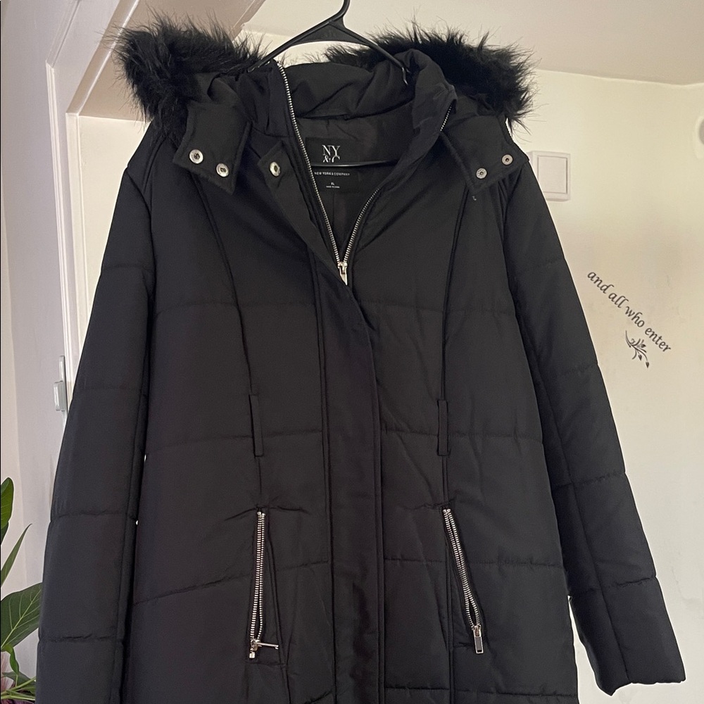 New York & Company Black Puffer Jacket with Faux Fur Hood